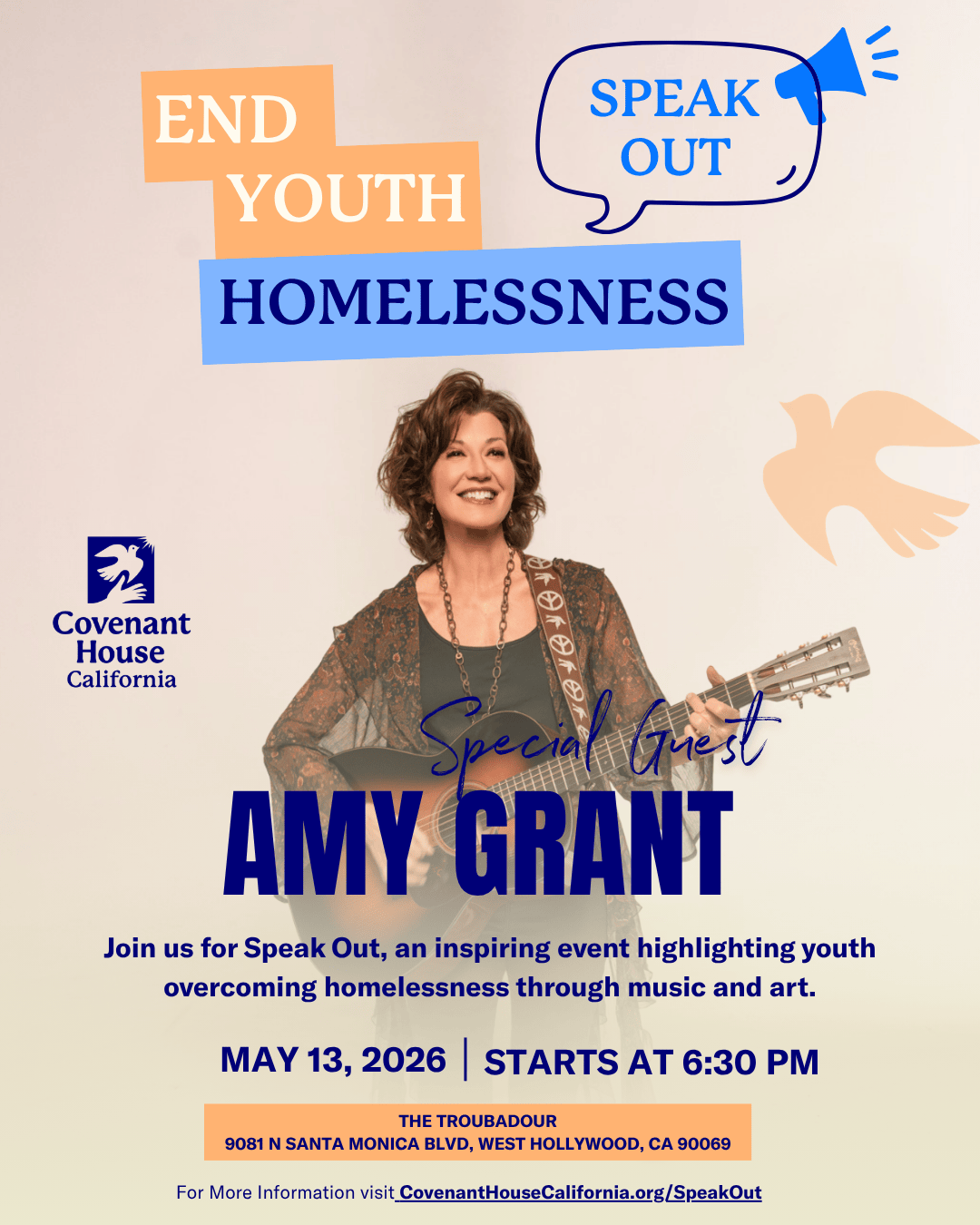 Speak Out event poster featuring Amy Grant supporting youth homelessness awareness